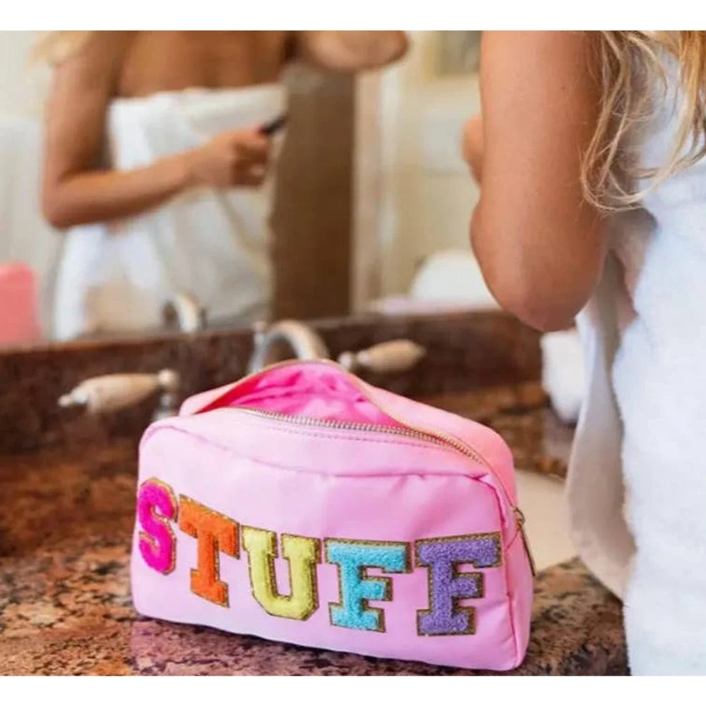 New Pink STUFF Nylon Makeup Bag Organizer with Chenille Letters
